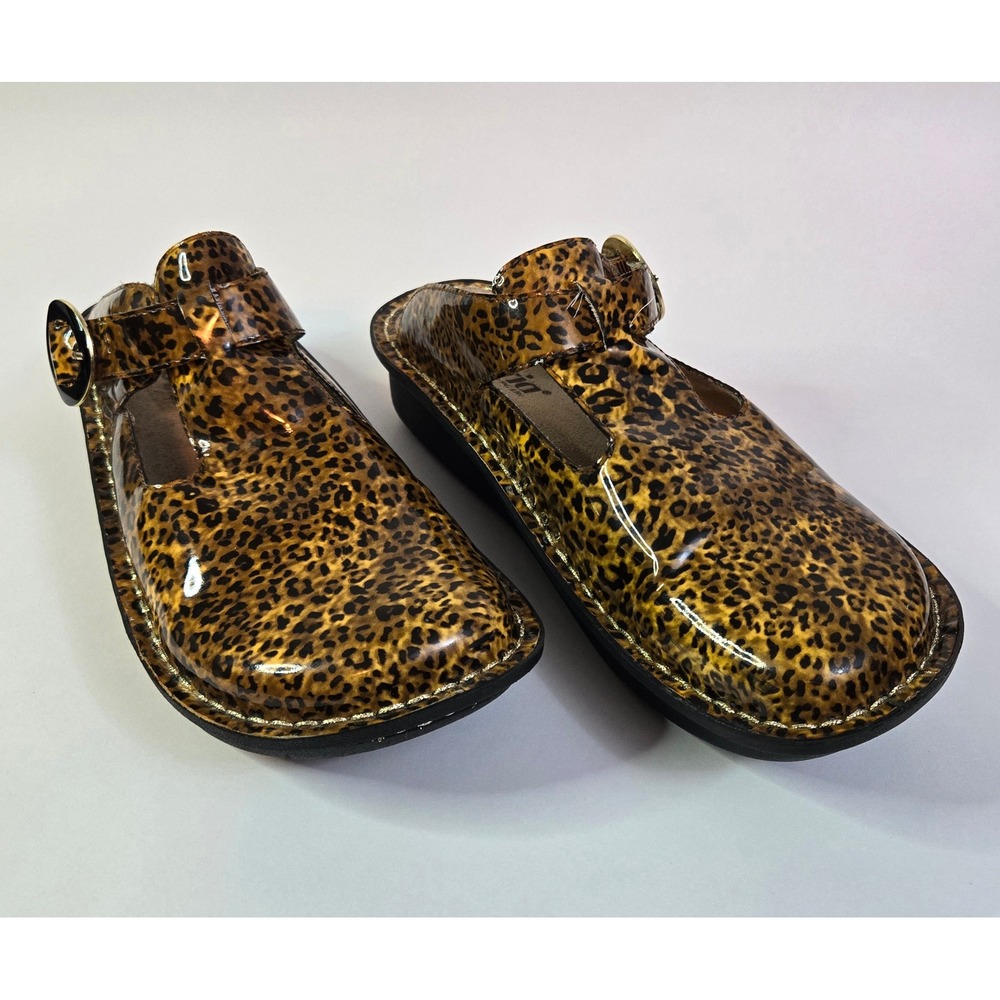Alegria Dayna Leopard Patent Leather Clogs Mules Brown Animal Print ALG-417 39